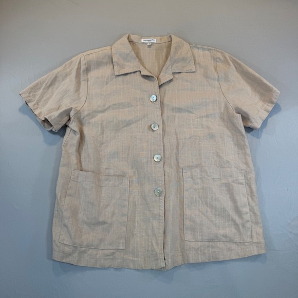 Vivacity USA Tops - Vivacity USA Tan 100% Linen Button Down Womens Shirt Pockets Small Beachy Resort